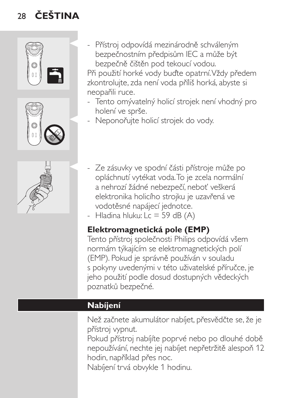 Elektromagnetická pole (emp), Nabíjení | Philips HQ7380-17 User Manual | Page 26 / 184