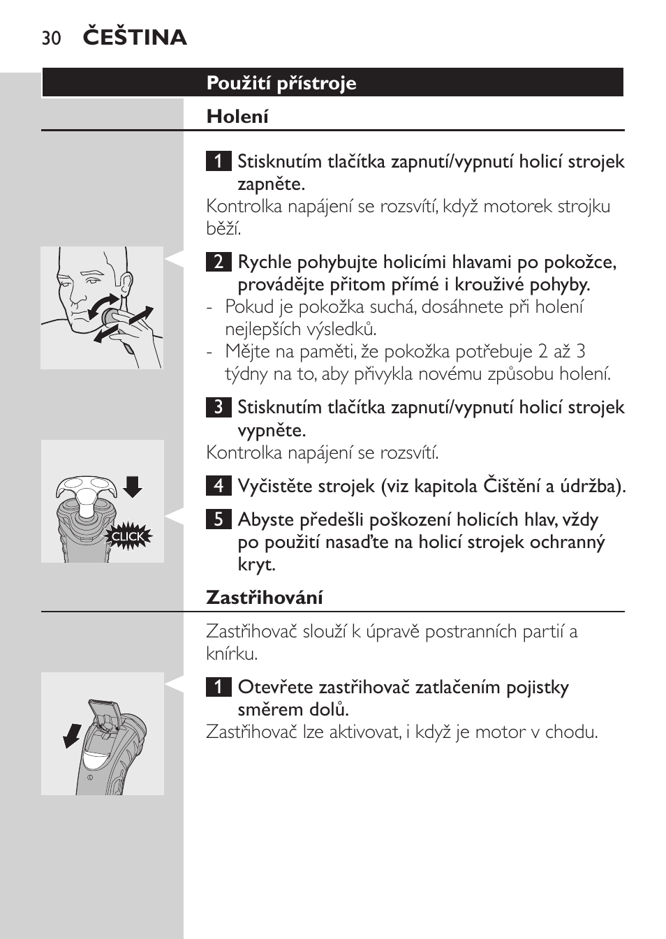 Použití přístroje, Holení, Zastřihování | Philips HQ7380-17 User Manual | Page 28 / 184