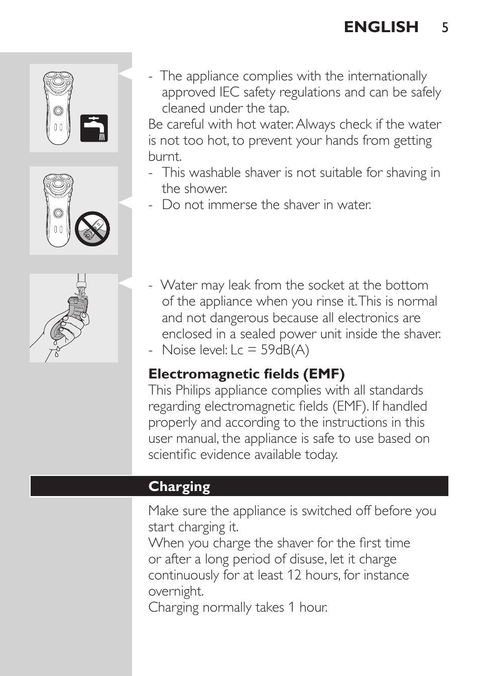 Electromagnetic fields (emf), Charging | Philips HQ7380-17 User Manual | Page 3 / 184