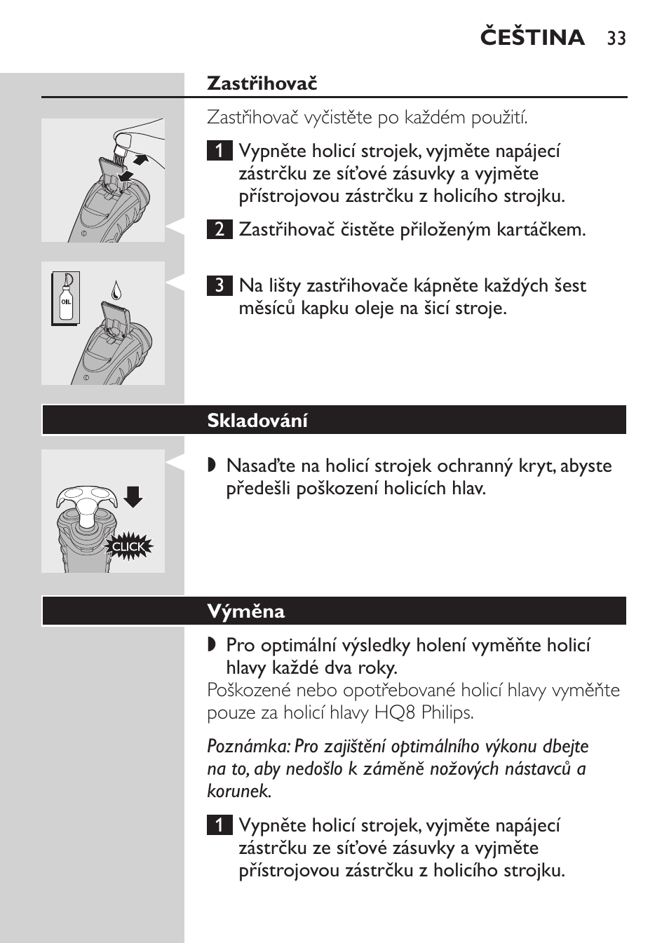 Zastřihovač, Skladování, Výměna | Philips HQ7380-17 User Manual | Page 31 / 184