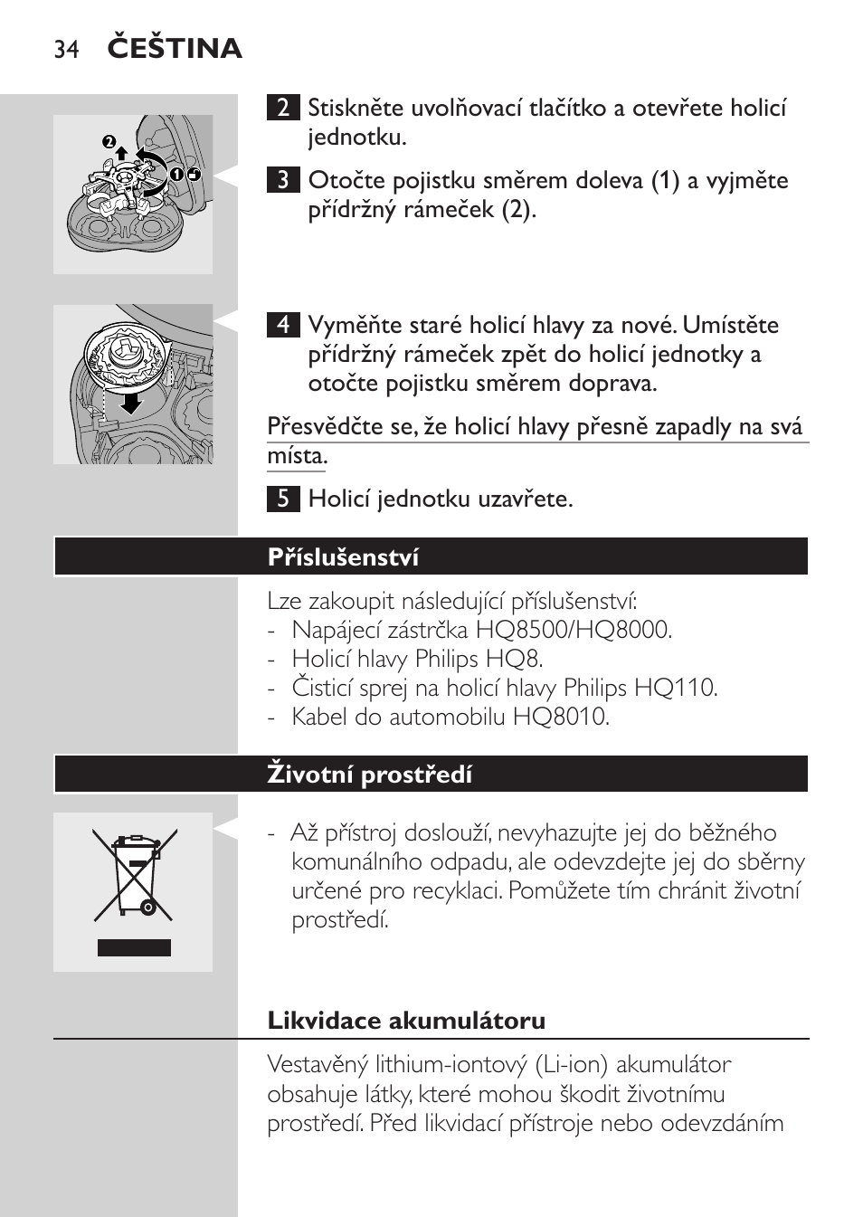 Příslušenství, Životní prostředí, Likvidace akumulátoru | Philips HQ7380-17 User Manual | Page 32 / 184