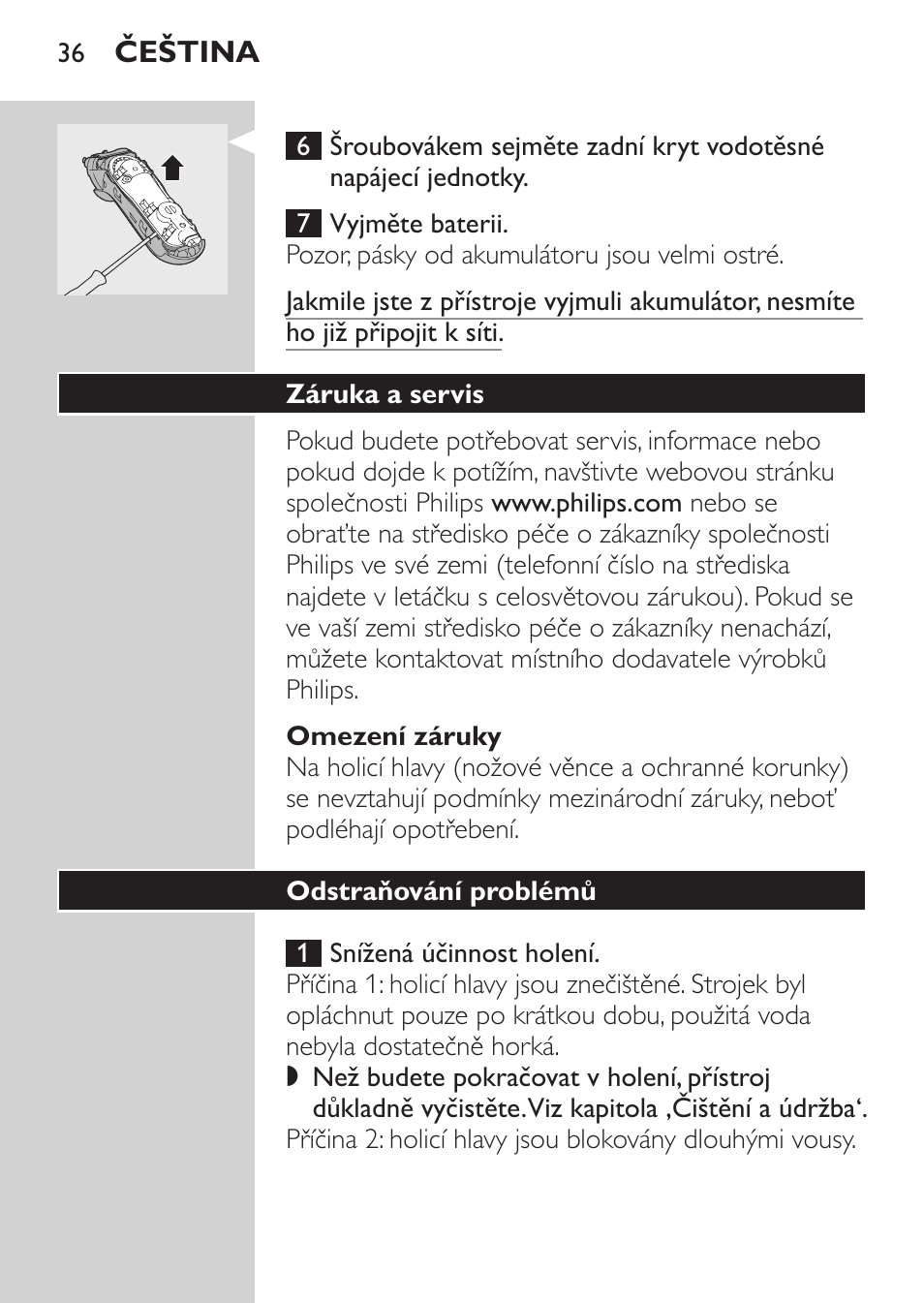 Omezení záruky, Záruka a servis, Odstraňování problémů | Philips HQ7380-17 User Manual | Page 34 / 184