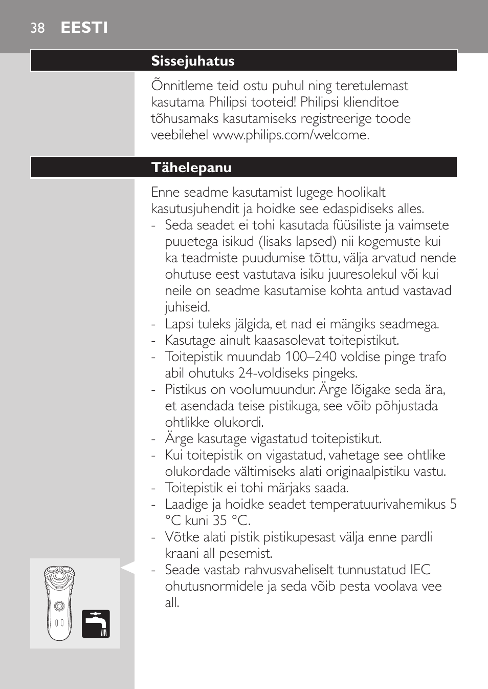 Eesti, Sissejuhatus, Tähelepanu | Philips HQ7380-17 User Manual | Page 36 / 184