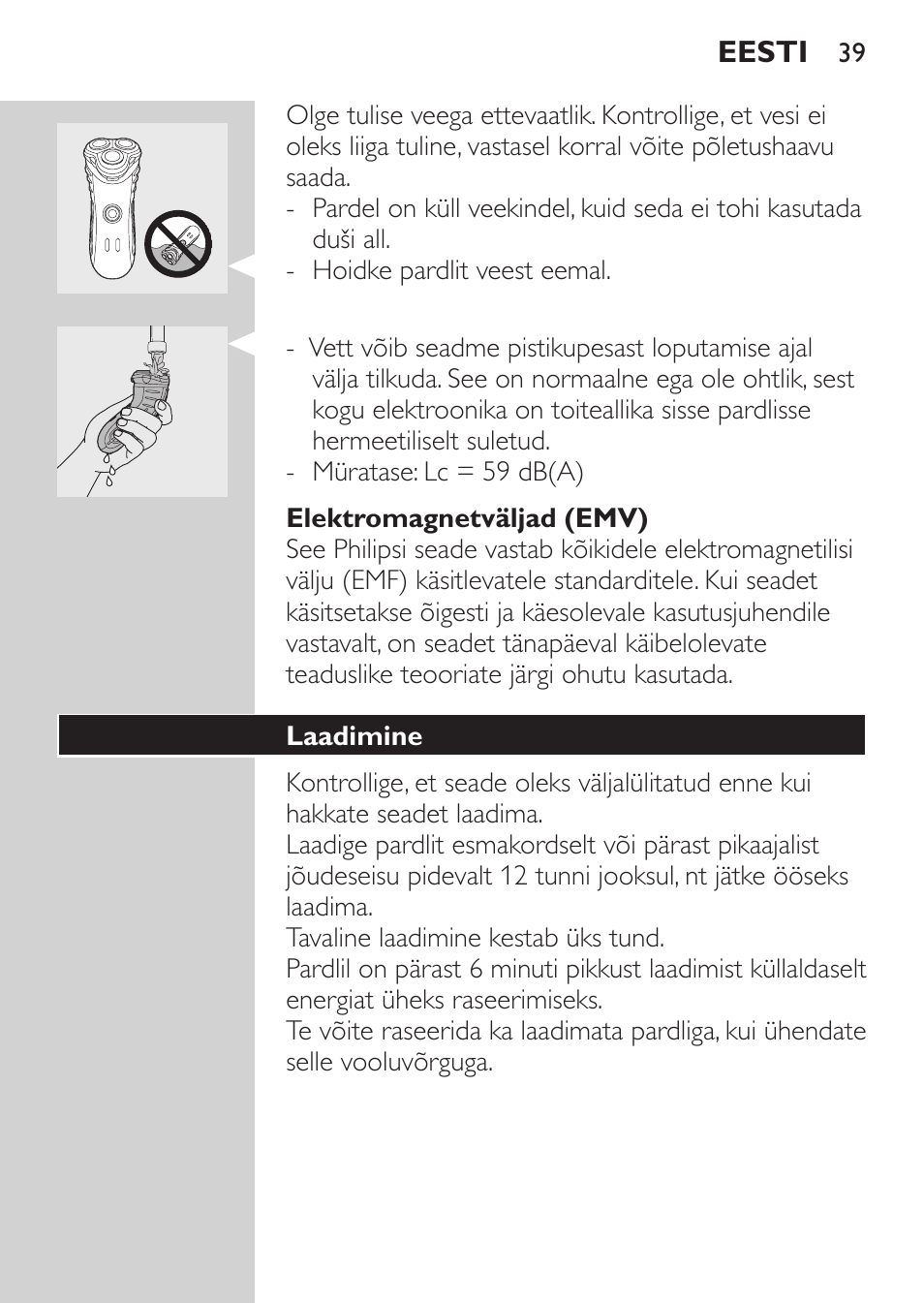 Elektromagnetväljad (emv), Laadimine | Philips HQ7380-17 User Manual | Page 37 / 184