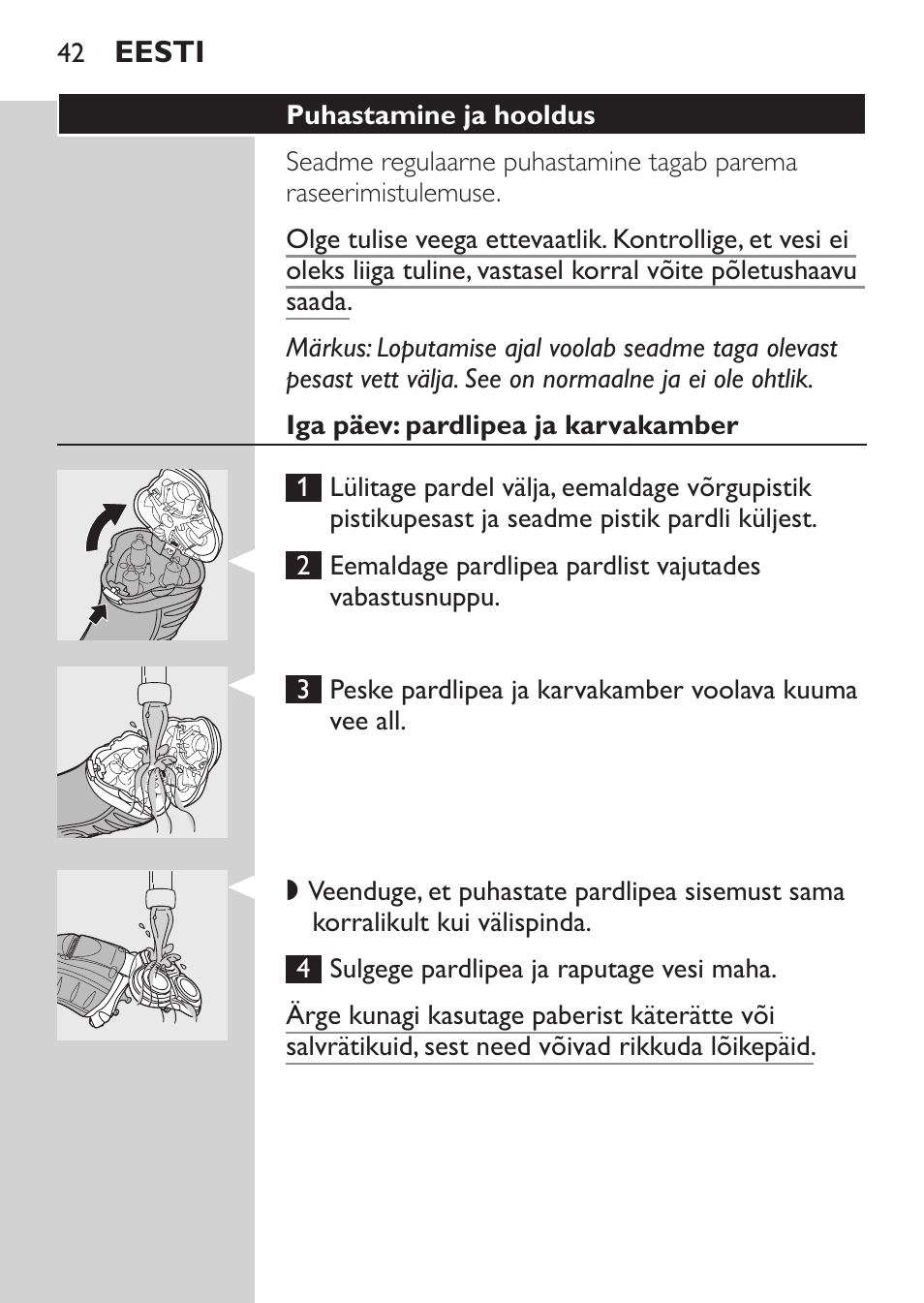 Puhastamine ja hooldus, Iga päev: pardlipea ja karvakamber | Philips HQ7380-17 User Manual | Page 40 / 184