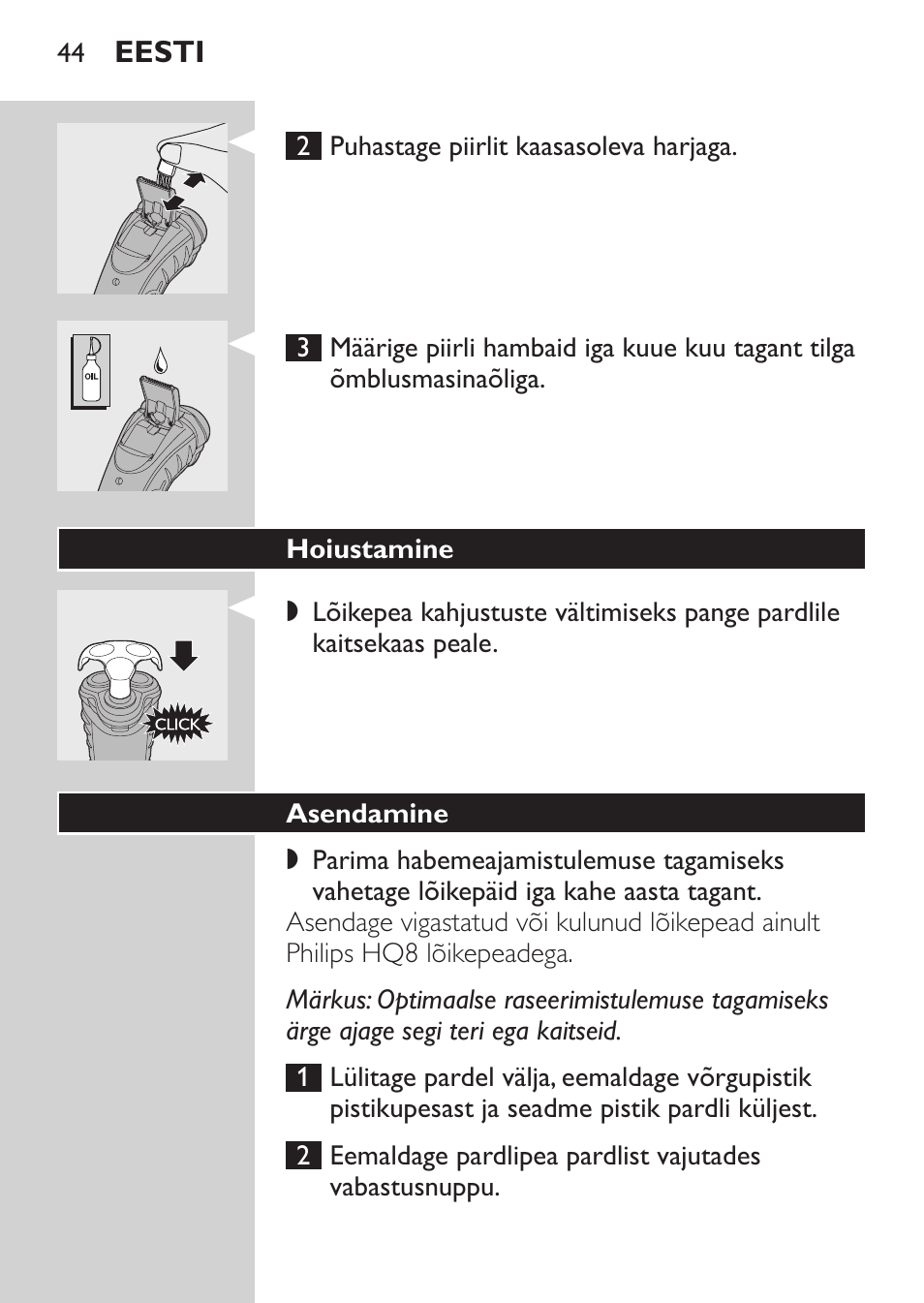 Hoiustamine, Asendamine | Philips HQ7380-17 User Manual | Page 42 / 184