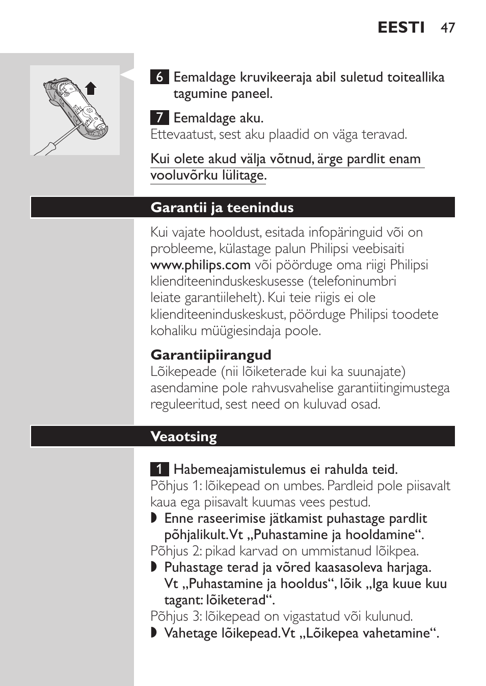 Garantiipiirangud, Garantii ja teenindus, Veaotsing | Philips HQ7380-17 User Manual | Page 45 / 184