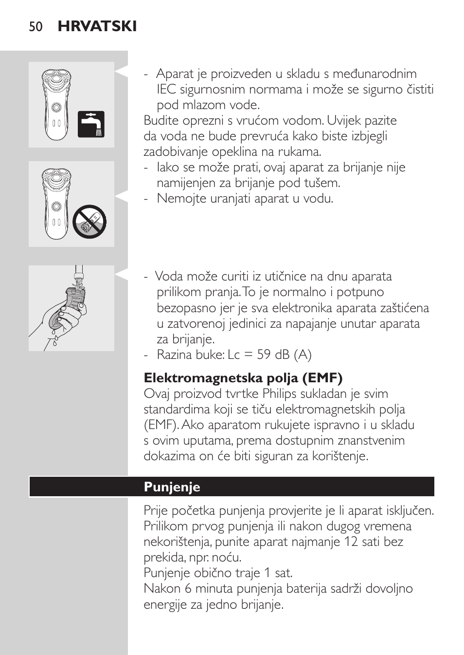 Elektromagnetska polja (emf), Punjenje | Philips HQ7380-17 User Manual | Page 48 / 184