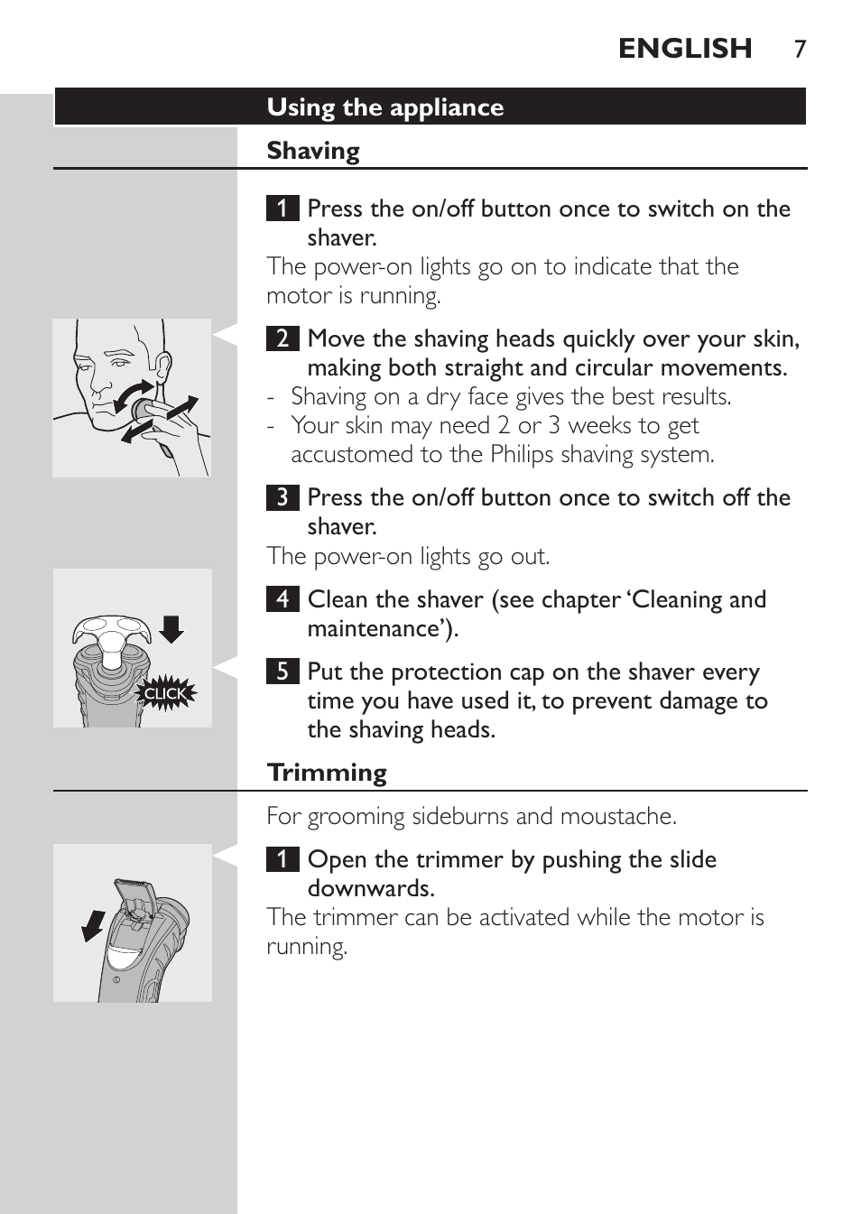 Using the appliance, Shaving, Trimming | Philips HQ7380-17 User Manual | Page 5 / 184