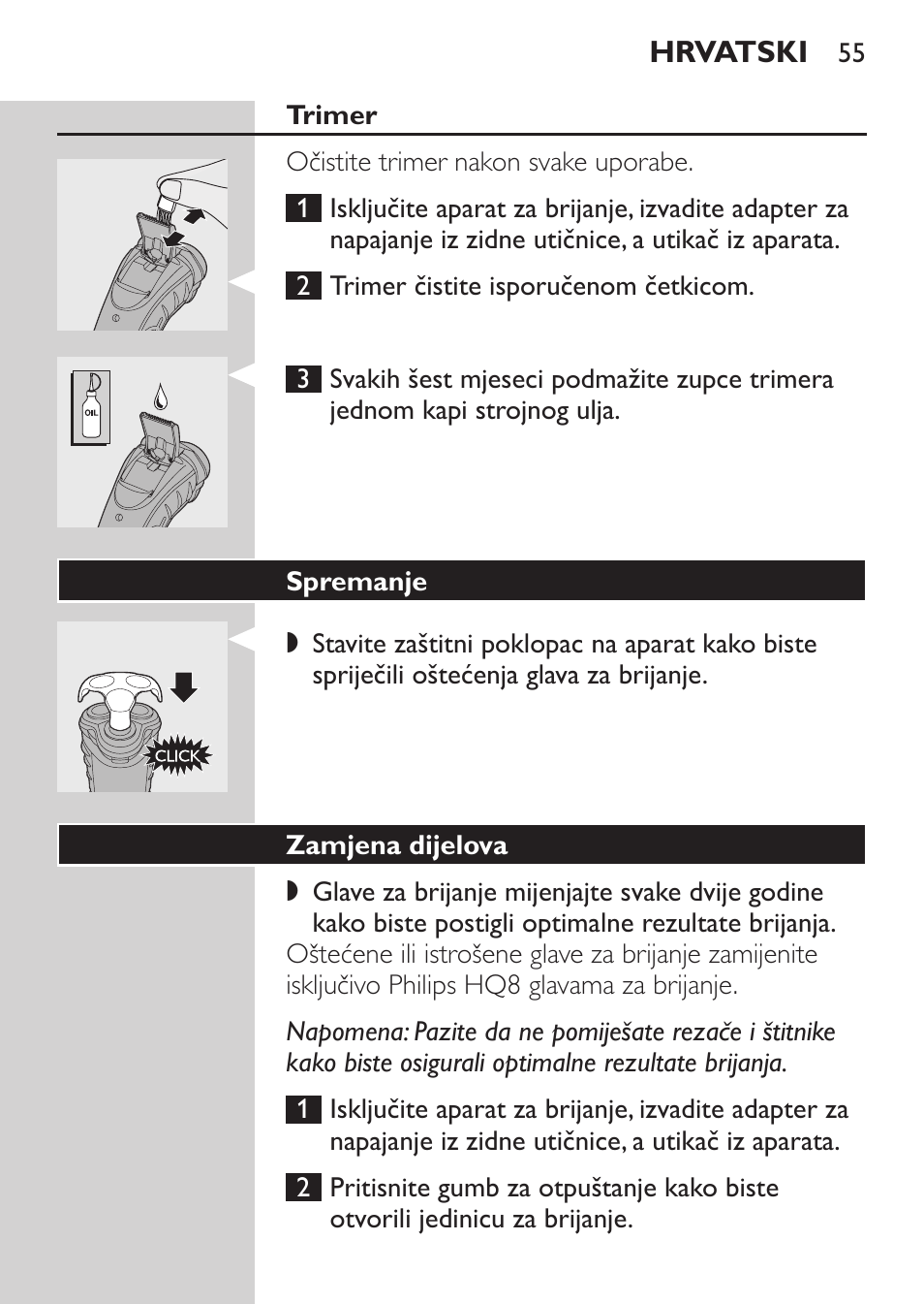 Trimer, Spremanje, Zamjena dijelova | Philips HQ7380-17 User Manual | Page 53 / 184
