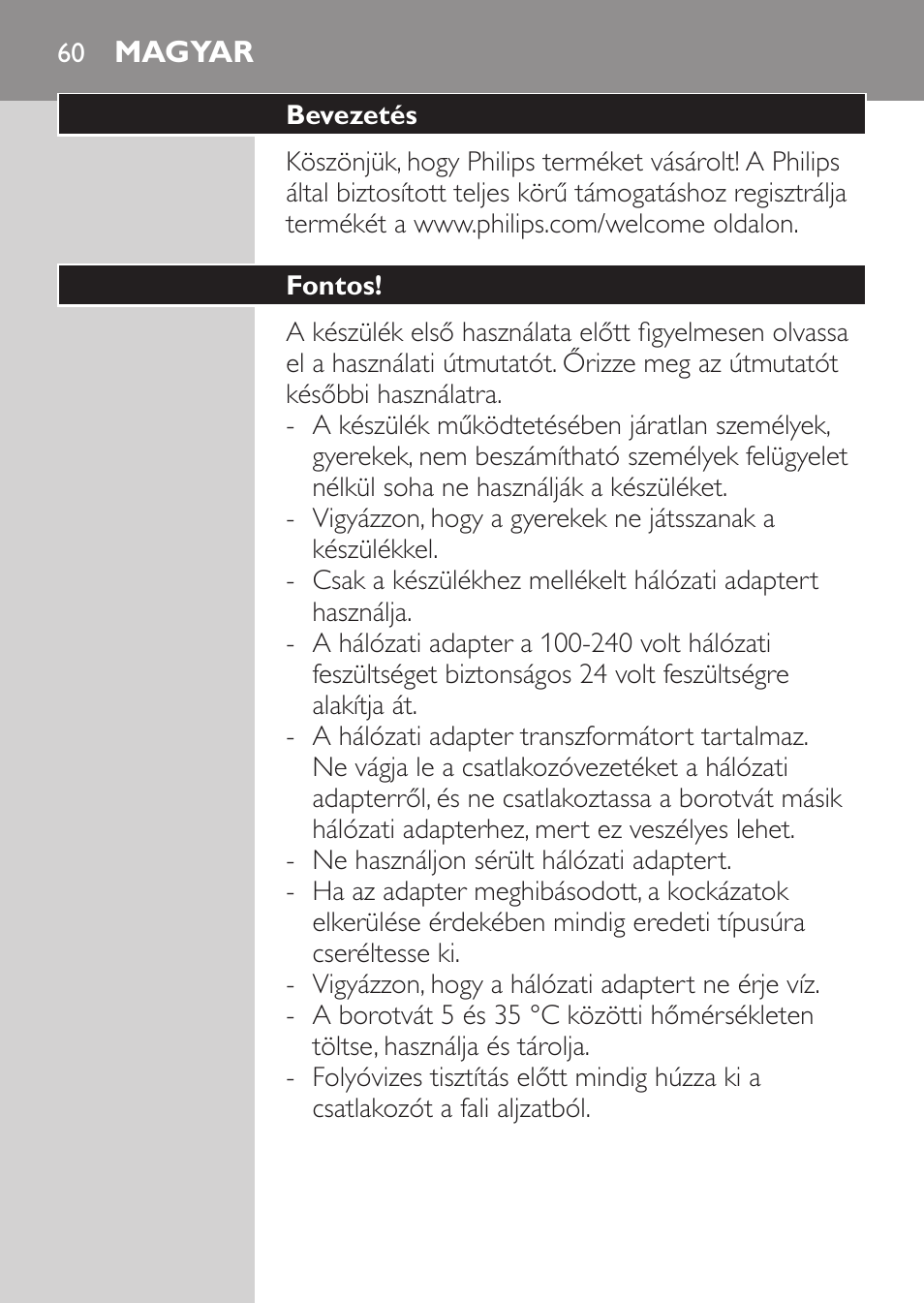 Magyar, Bevezetés, Fontos | Philips HQ7380-17 User Manual | Page 58 / 184
