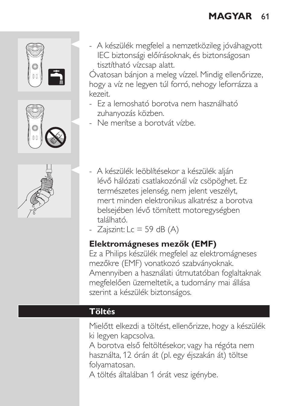Elektromágneses mezők (emf), Töltés | Philips HQ7380-17 User Manual | Page 59 / 184