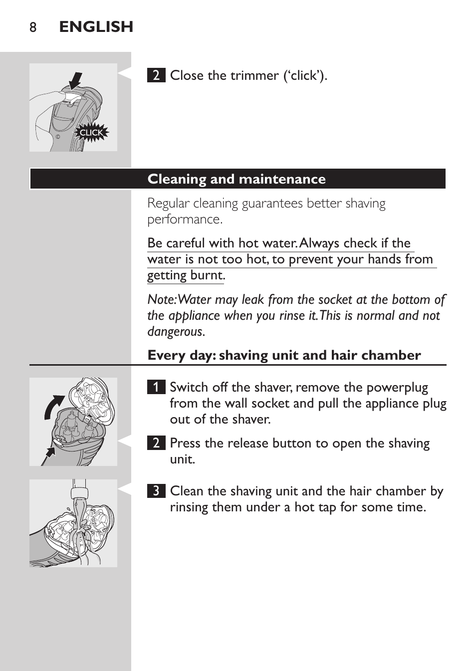 Cleaning and maintenance, Every day: shaving unit and hair chamber | Philips HQ7380-17 User Manual | Page 6 / 184