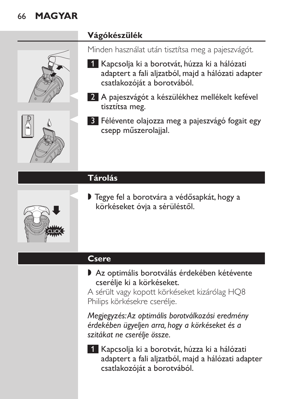 Vágókészülék, Tárolás, Csere | Philips HQ7380-17 User Manual | Page 64 / 184