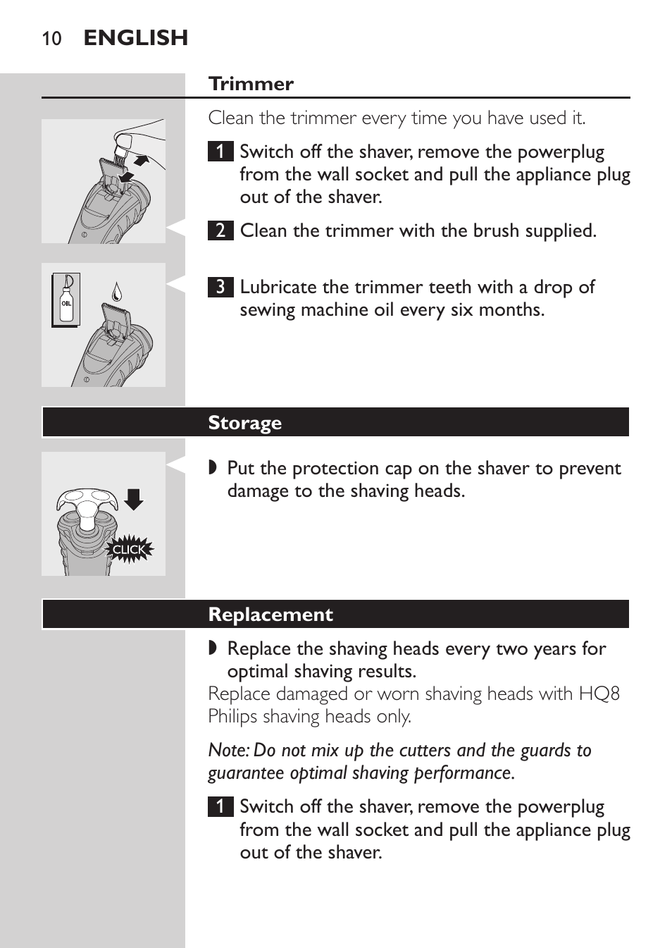 Trimmer, Storage, Replacement | Philips HQ7380-17 User Manual | Page 8 / 184