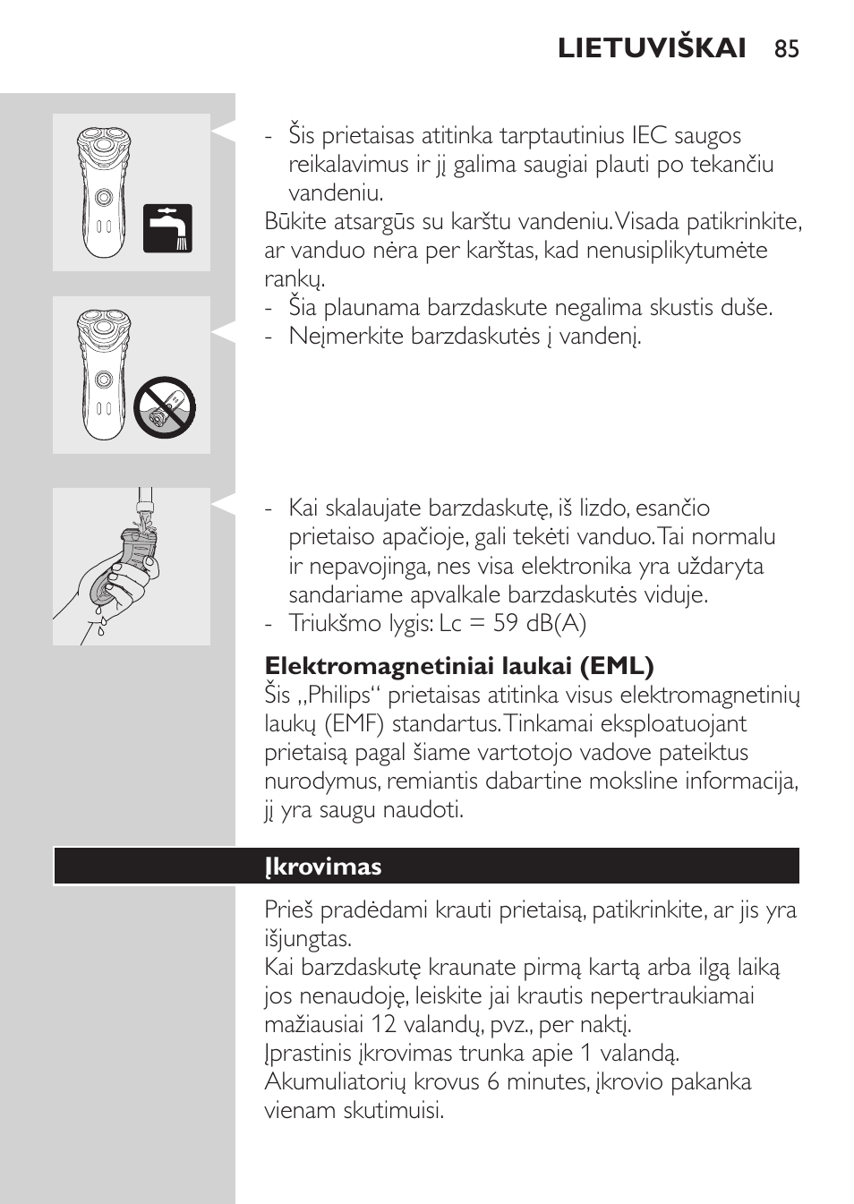 Elektromagnetiniai laukai (eml), Įkrovimas | Philips HQ7380-17 User Manual | Page 83 / 184