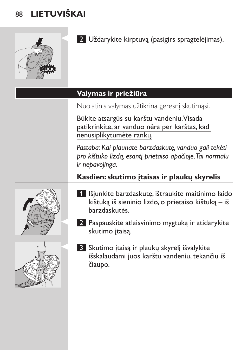 Valymas ir priežiūra, Kasdien: skutimo įtaisas ir plaukų skyrelis | Philips HQ7380-17 User Manual | Page 86 / 184
