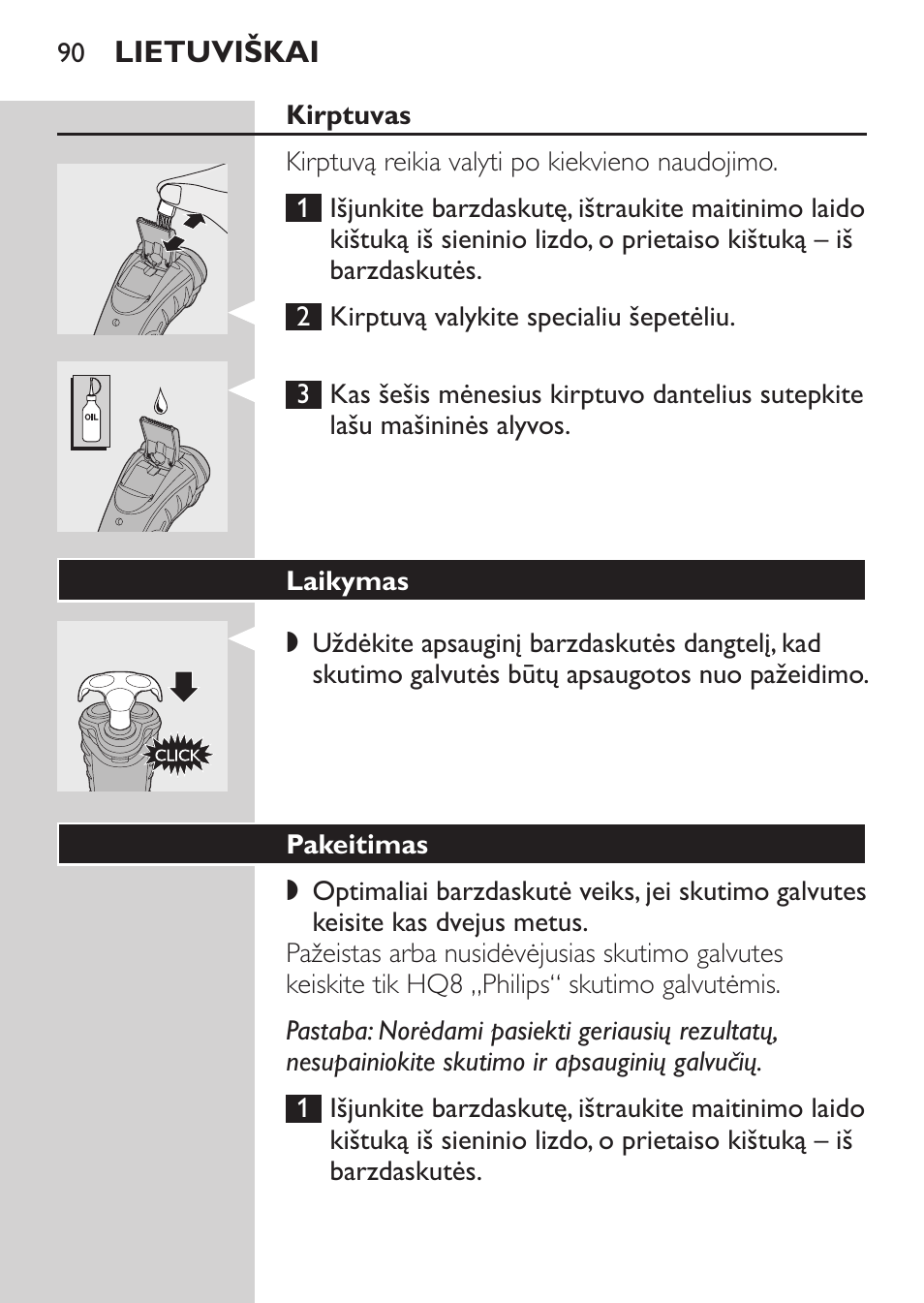 Kirptuvas, Laikymas, Pakeitimas | Philips HQ7380-17 User Manual | Page 88 / 184