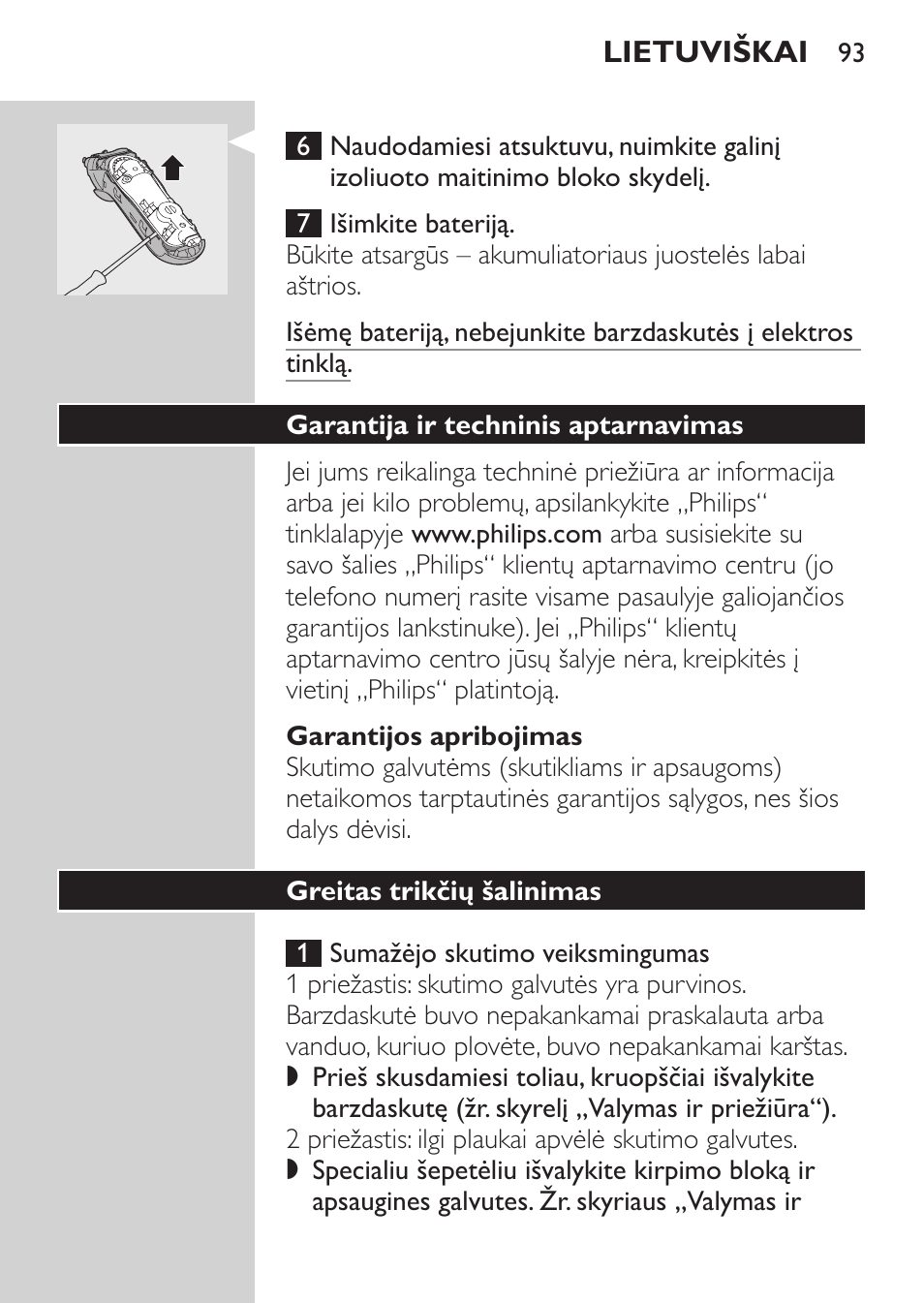 Garantijos apribojimas, Garantija ir techninis aptarnavimas, Greitas trikčių šalinimas | Philips HQ7380-17 User Manual | Page 91 / 184