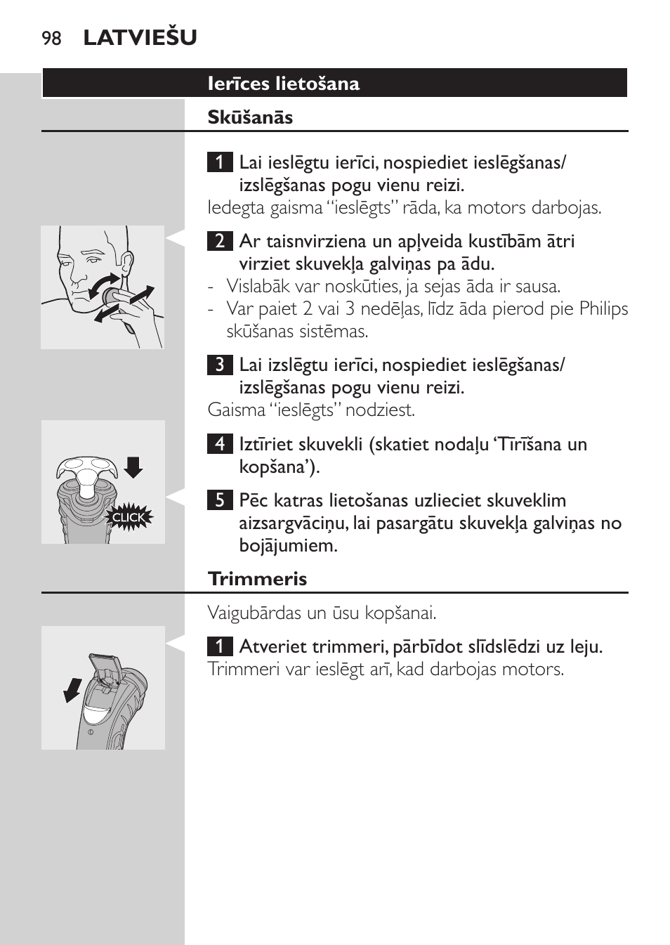 Ierīces lietošana, Skūšanās, Trimmeris | Philips HQ7380-17 User Manual | Page 96 / 184