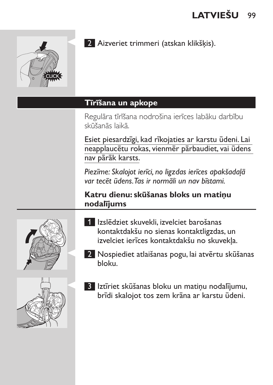 Tīrīšana un apkope, Katru dienu: skūšanas bloks un matiņu nodalījums | Philips HQ7380-17 User Manual | Page 97 / 184
