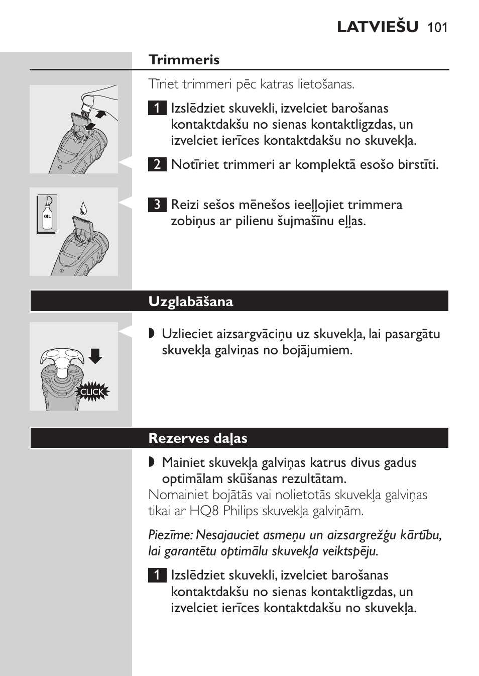 Trimmeris, Uzglabāšana, Rezerves daļas | Philips HQ7380-17 User Manual | Page 99 / 184