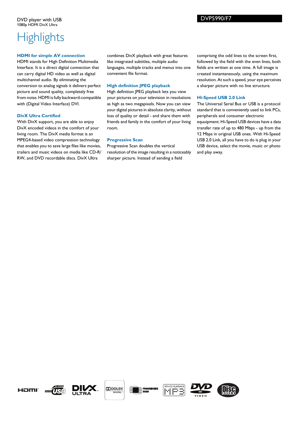 Highlights | Philips DVP5990-F7 User Manual | Page 2 / 3
