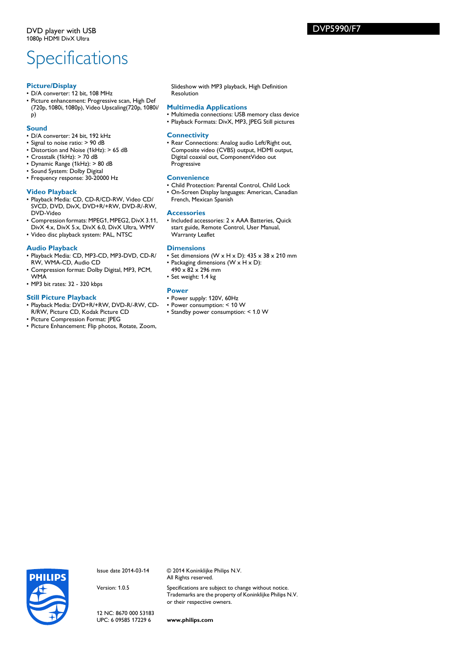 Specifications | Philips DVP5990-F7 User Manual | Page 3 / 3