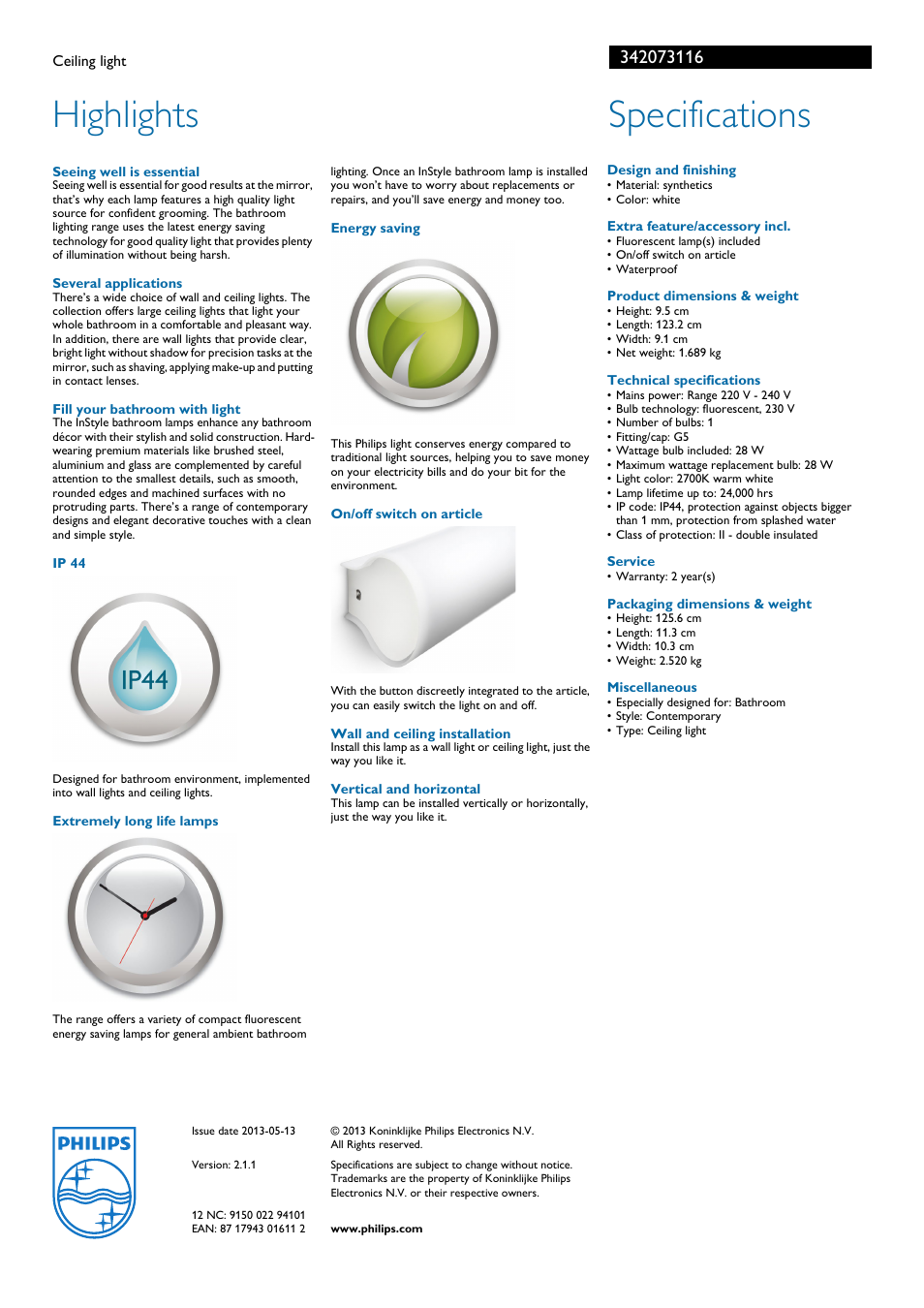 Highlights, Specifications | Philips 342073116 User Manual | Page 2 / 2