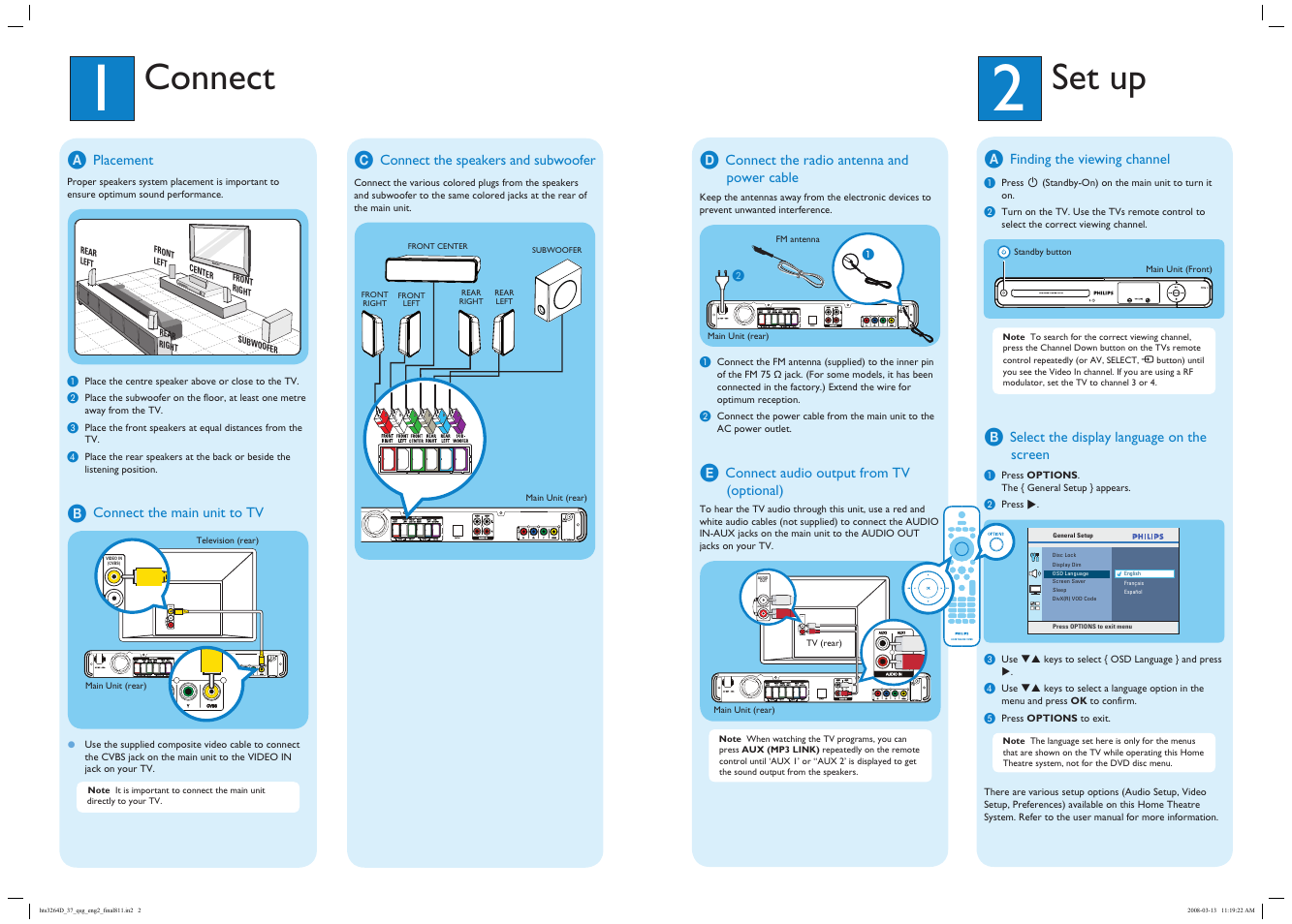 Connect, Set up, Video in (cvbs) | Audio out audio in, Audio out | Philips HTS3264D-37B User Manual | Page 2 / 2