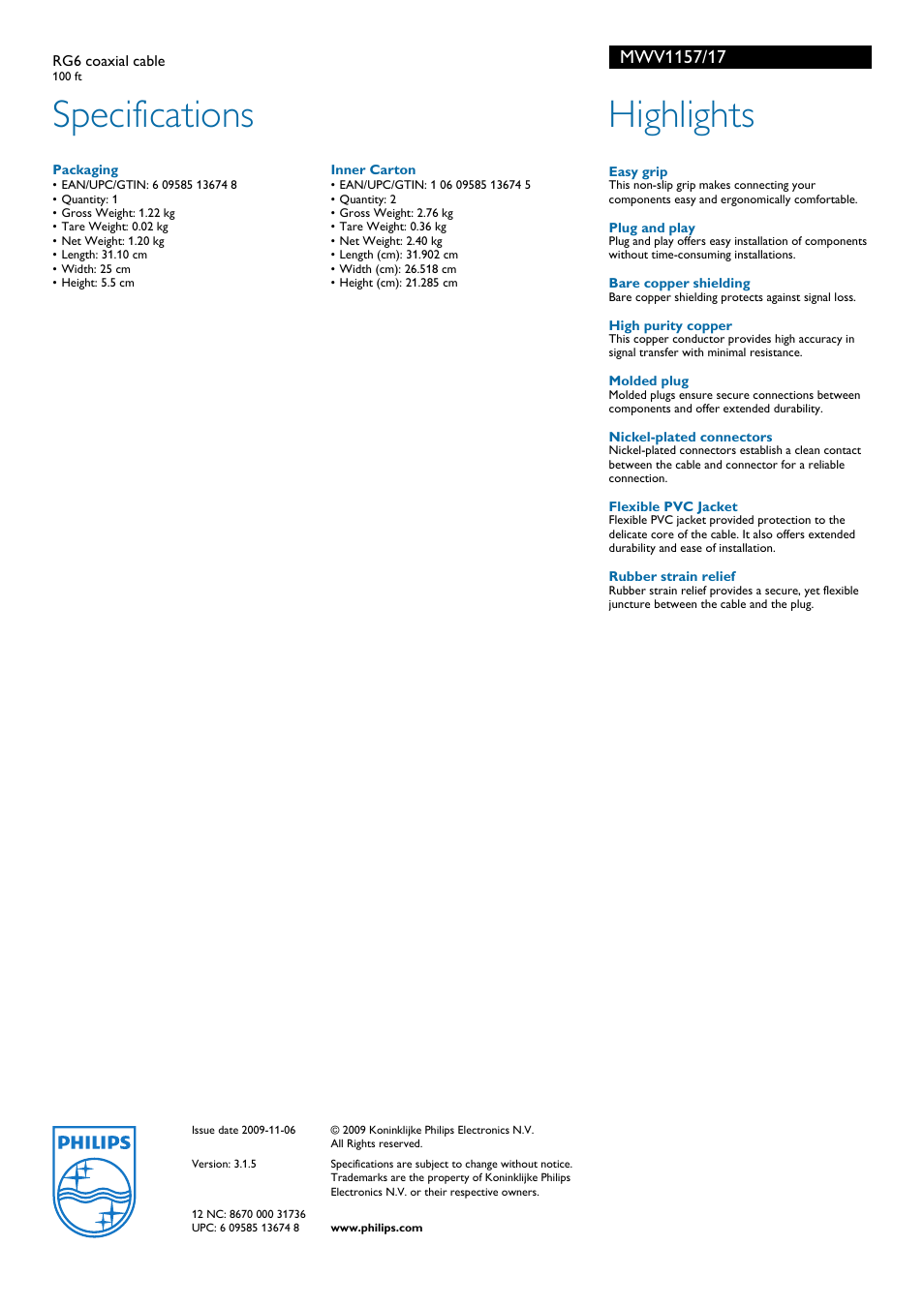 Specifications, Highlights | Philips MWV1157-17 User Manual | Page 2 / 2