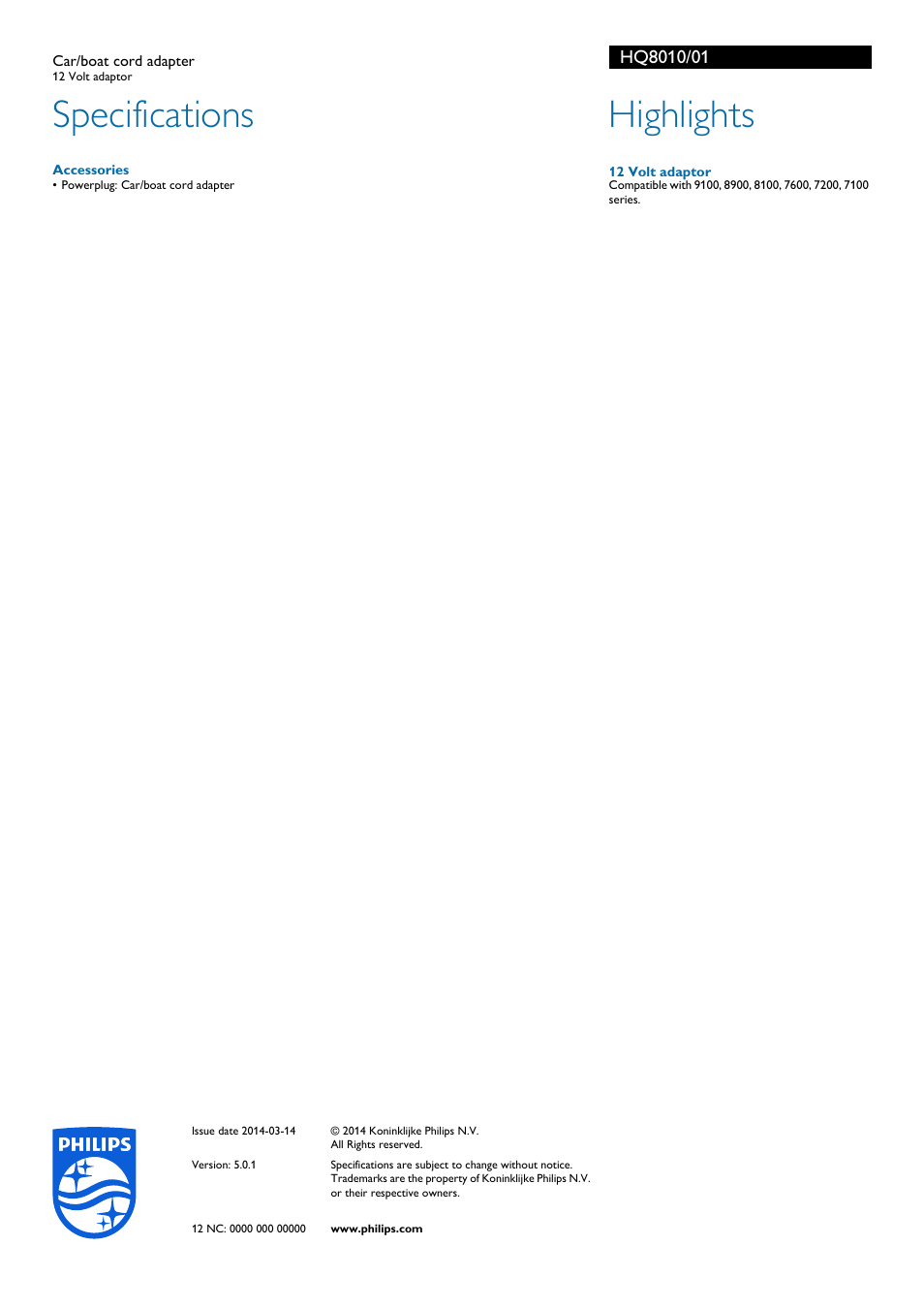 Specifications, Highlights | Philips Car-boat cord adapter HQ8010 12 Volt adaptor User Manual | Page 2 / 2