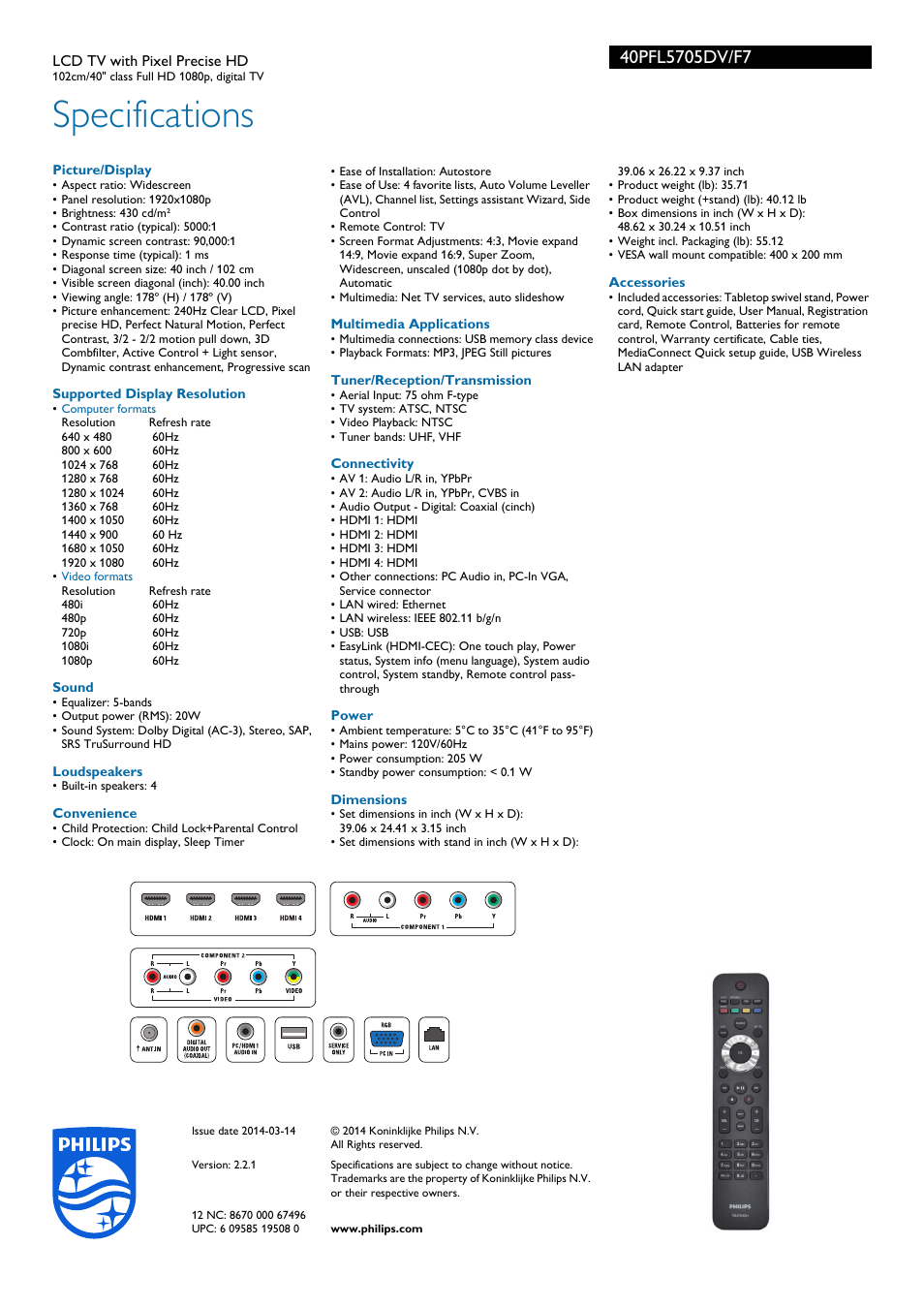 Specifications | Philips 40PFL5705DV-F7 User Manual | Page 3 / 3
