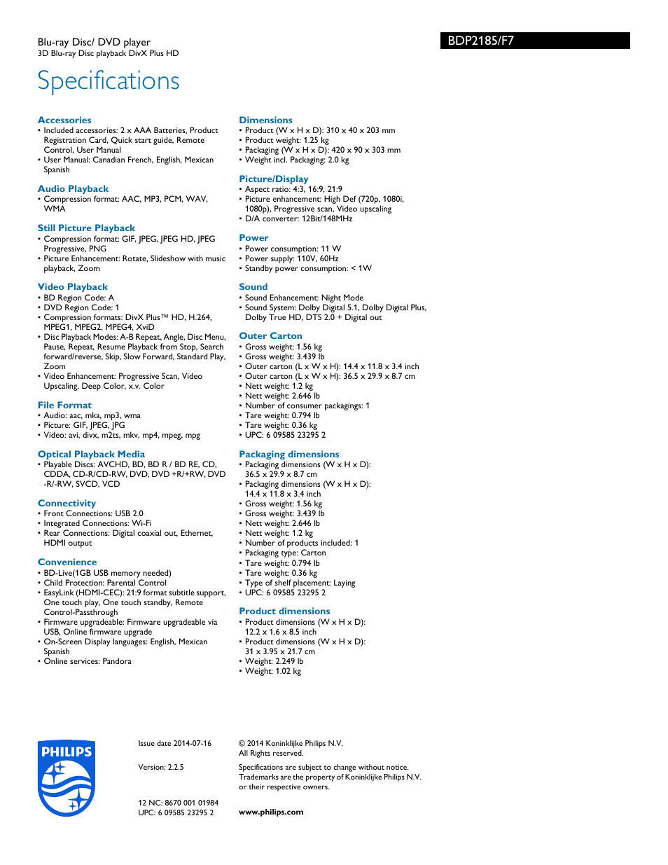 Specifications | Philips BDP2185-F7 User Manual | Page 3 / 3