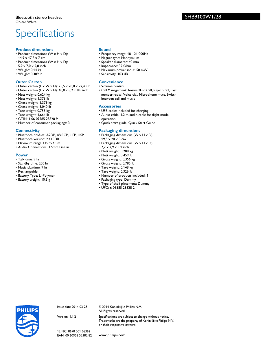 Specifications | Philips SHB9100WT-28 User Manual | Page 3 / 3