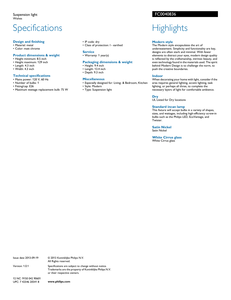 Specifications, Highlights | Philips FC0040836 User Manual | Page 2 / 2