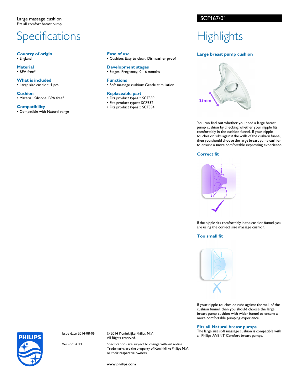 Specifications, Highlights | Philips SCF167-01 User Manual | Page 2 / 2