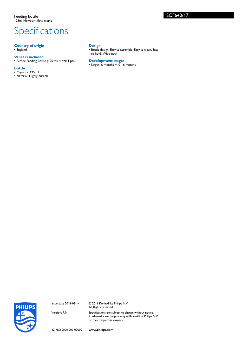 Specifications | Philips SCF640-17 User Manual | Page 2 / 2