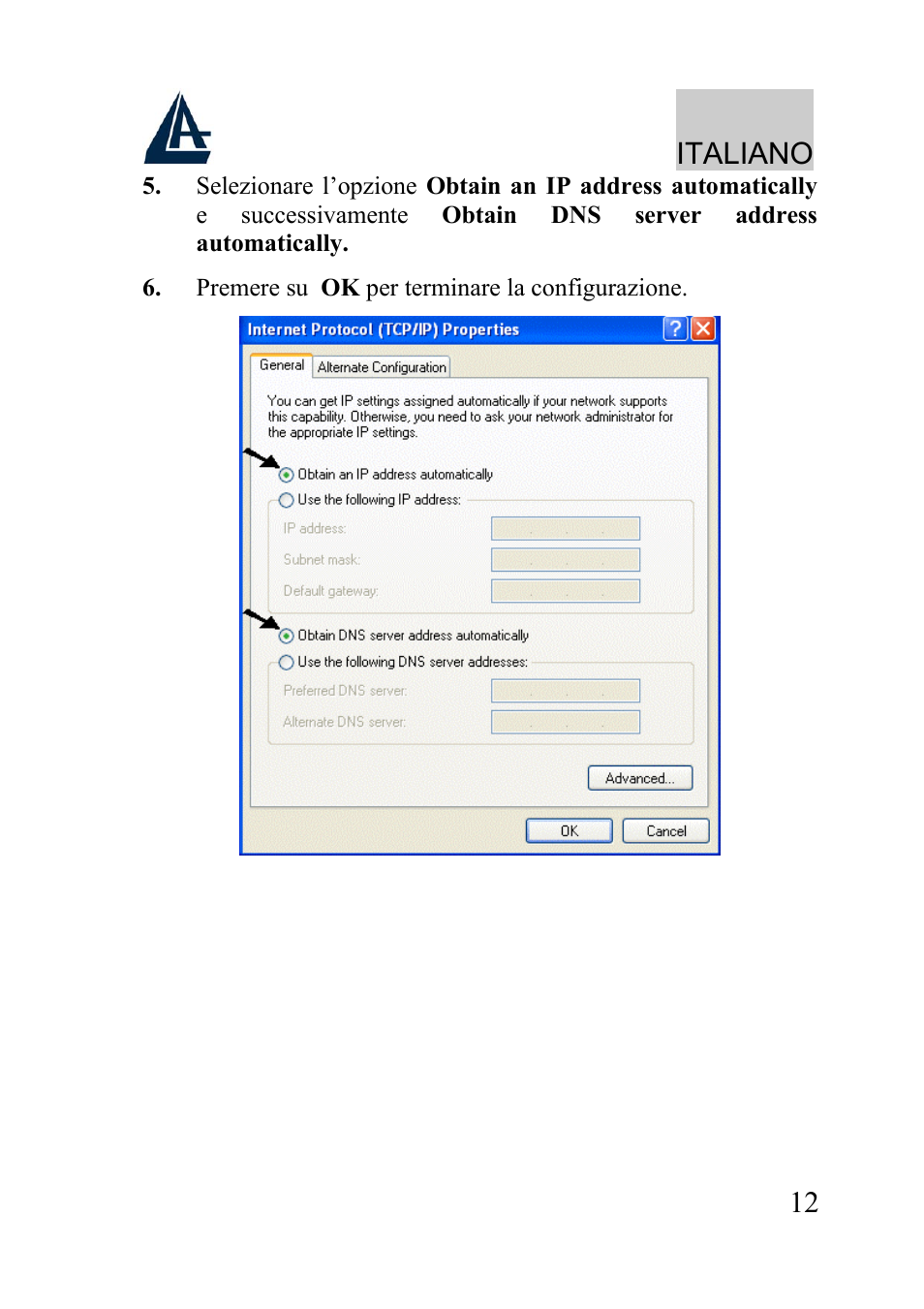 Italiano | Atlantis Land WIRELESS ROUTER ADSL A02-RA210-W54 User Manual | Page 12 / 64