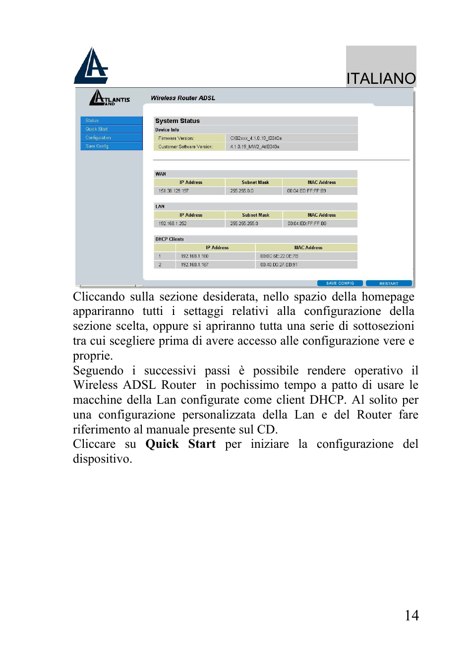 Italiano | Atlantis Land WIRELESS ROUTER ADSL A02-RA210-W54 User Manual | Page 14 / 64