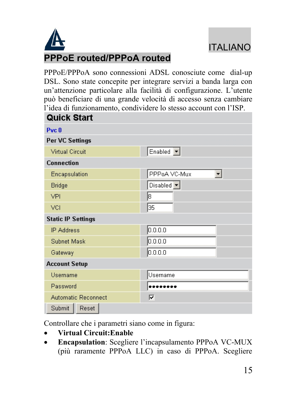 Italiano, 15 pppoe routed/pppoa routed | Atlantis Land WIRELESS ROUTER ADSL A02-RA210-W54 User Manual | Page 15 / 64