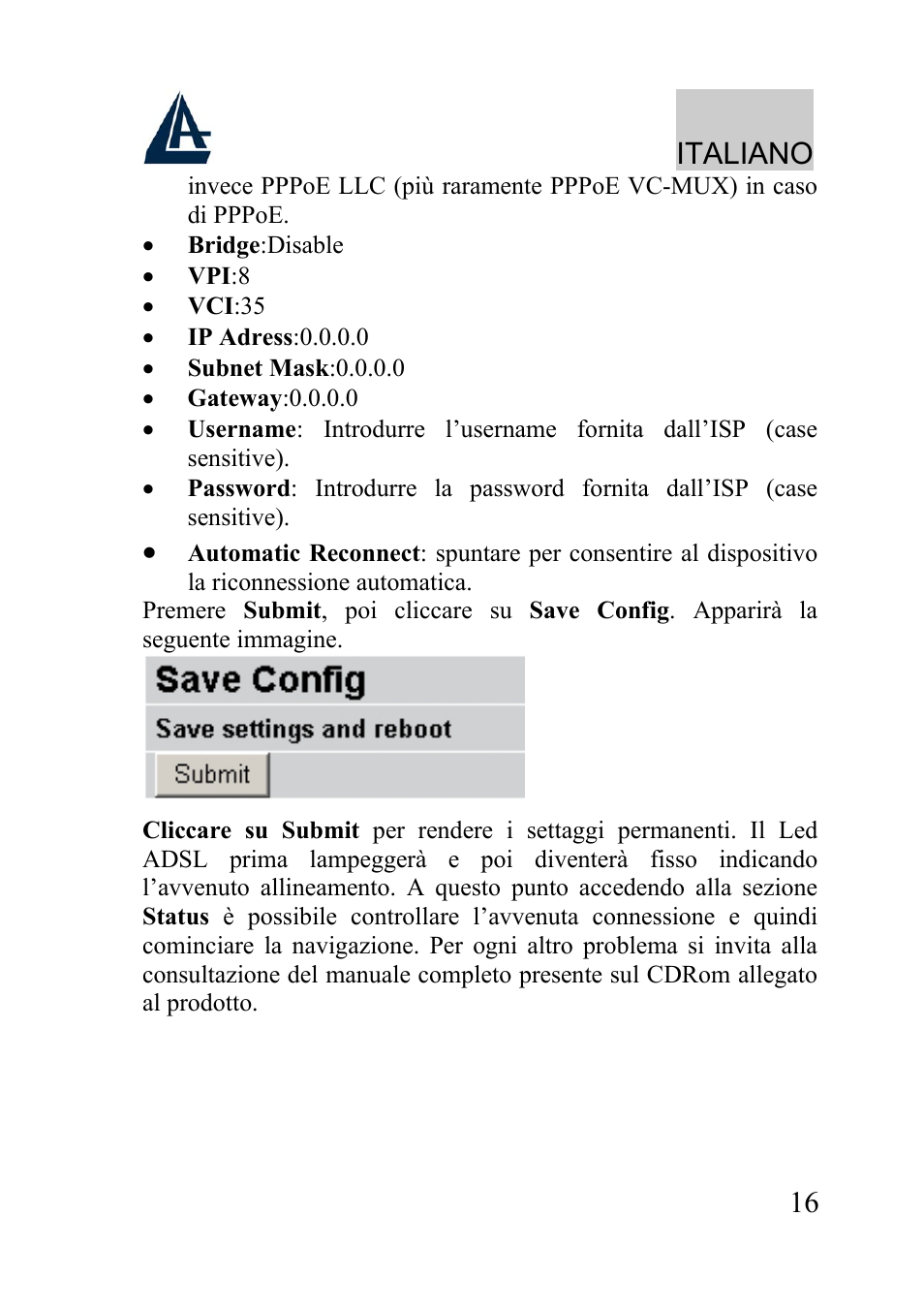 Italiano | Atlantis Land WIRELESS ROUTER ADSL A02-RA210-W54 User Manual | Page 16 / 64