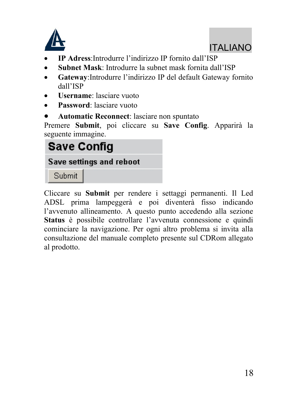 Italiano | Atlantis Land WIRELESS ROUTER ADSL A02-RA210-W54 User Manual | Page 18 / 64