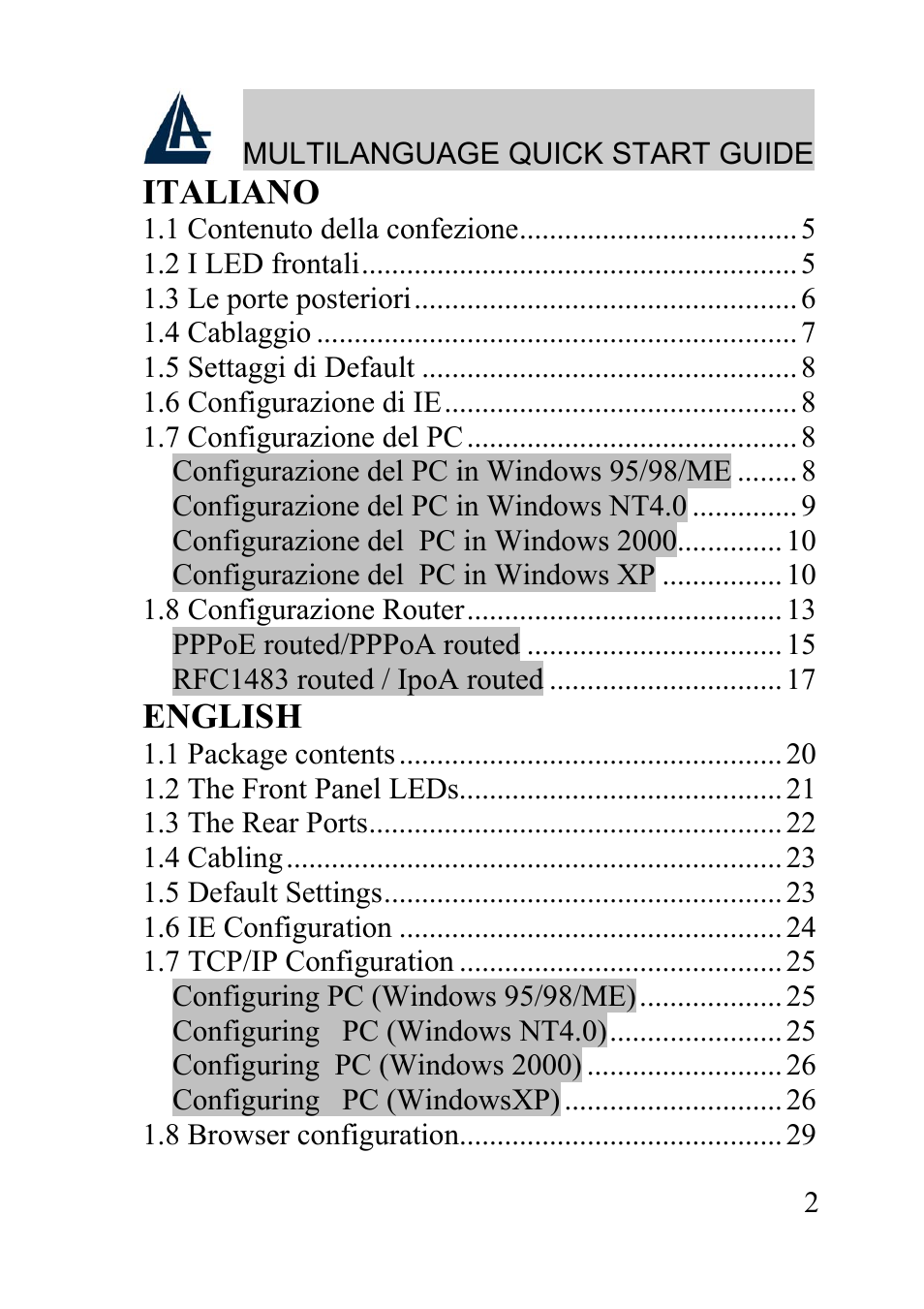 Italiano, English | Atlantis Land WIRELESS ROUTER ADSL A02-RA210-W54 User Manual | Page 2 / 64