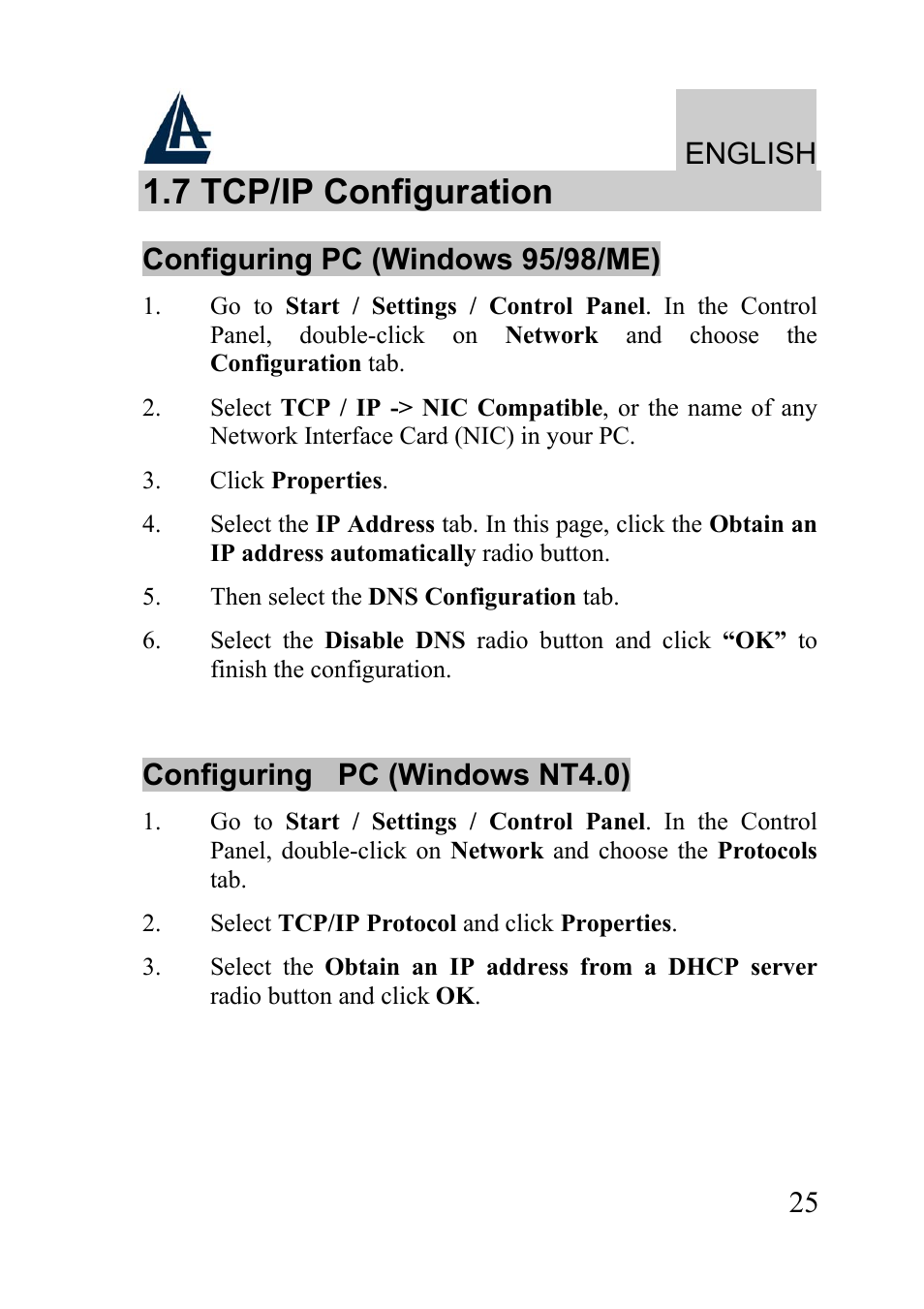 7 tcp/ip configuration, English, Configuring pc (windows 95/98/me) | Configuring pc (windows nt4.0) | Atlantis Land WIRELESS ROUTER ADSL A02-RA210-W54 User Manual | Page 25 / 64