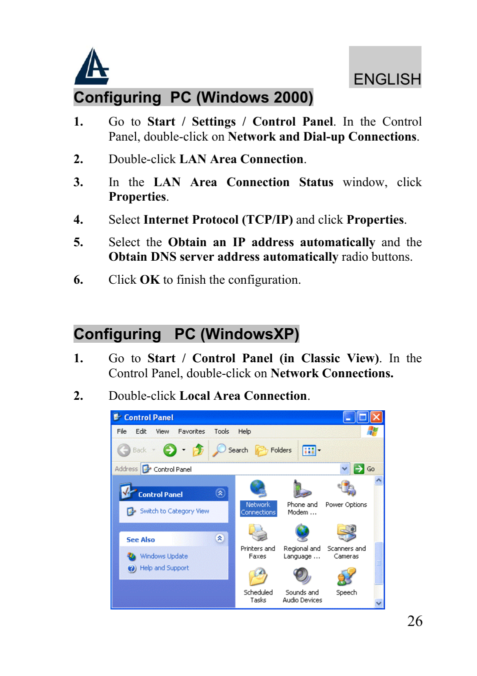 English, Configuring pc (windowsxp) | Atlantis Land WIRELESS ROUTER ADSL A02-RA210-W54 User Manual | Page 26 / 64