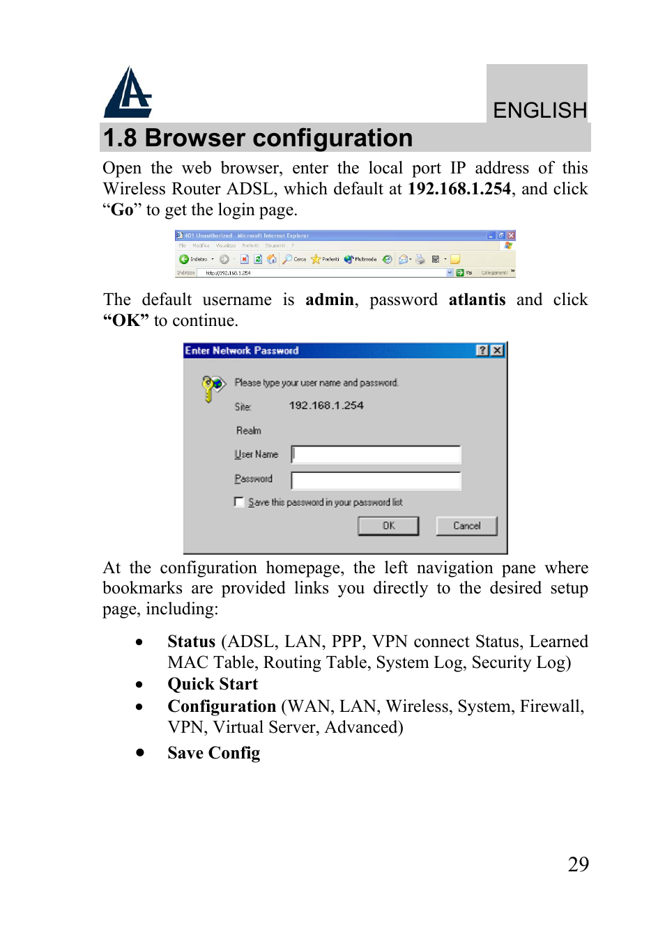 8 browser configuration, English | Atlantis Land WIRELESS ROUTER ADSL A02-RA210-W54 User Manual | Page 29 / 64