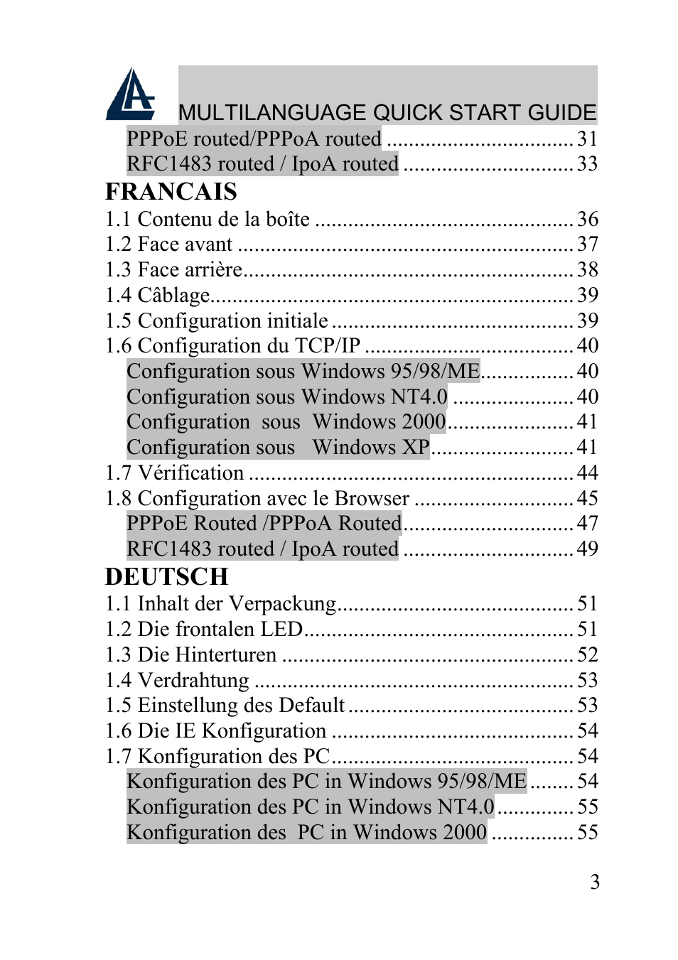 Francais, Deutsch | Atlantis Land WIRELESS ROUTER ADSL A02-RA210-W54 User Manual | Page 3 / 64