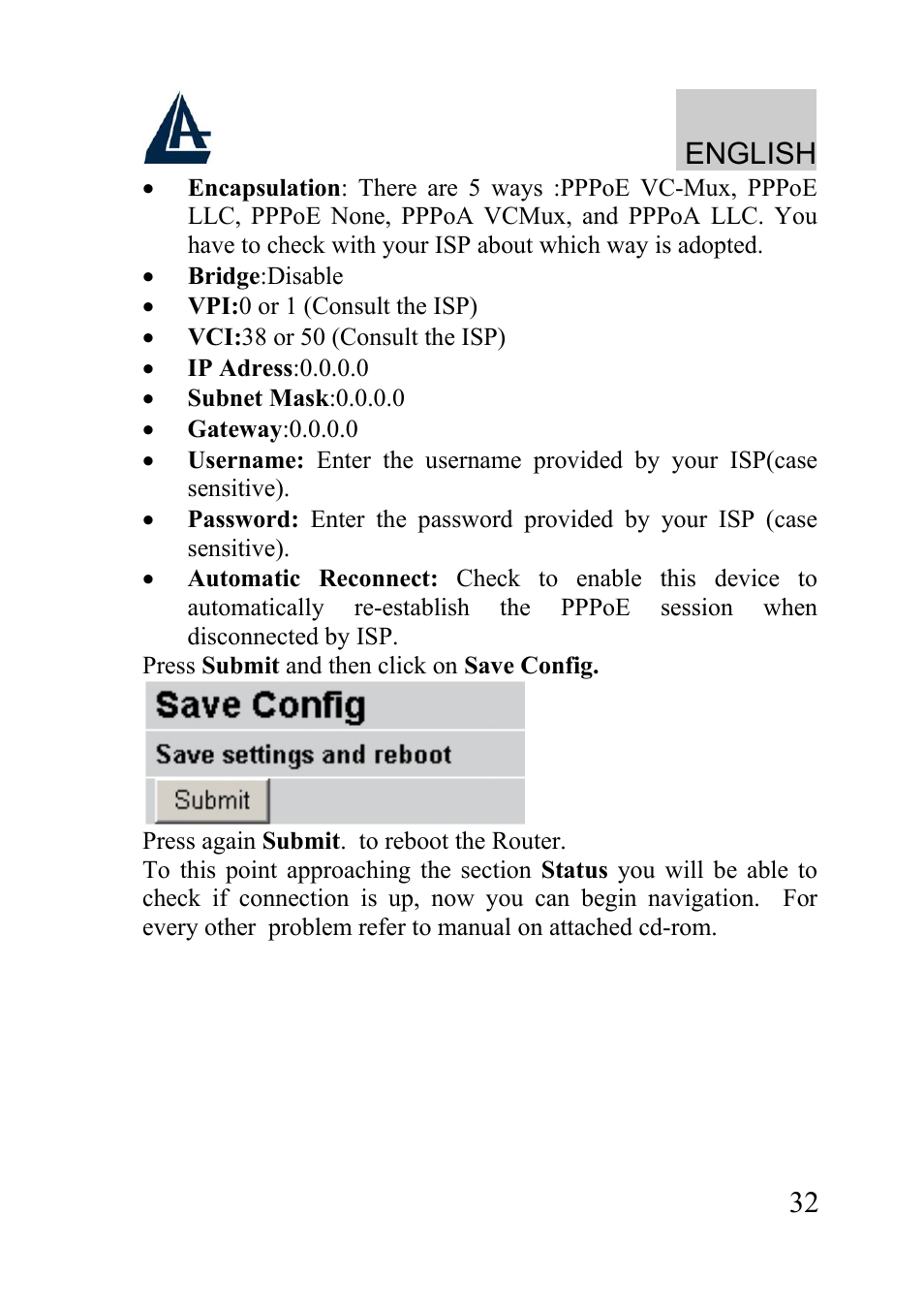 English | Atlantis Land WIRELESS ROUTER ADSL A02-RA210-W54 User Manual | Page 32 / 64