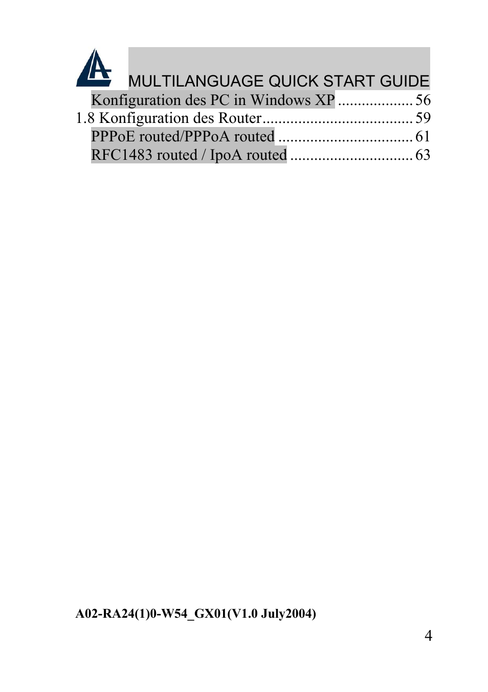 Atlantis Land WIRELESS ROUTER ADSL A02-RA210-W54 User Manual | Page 4 / 64